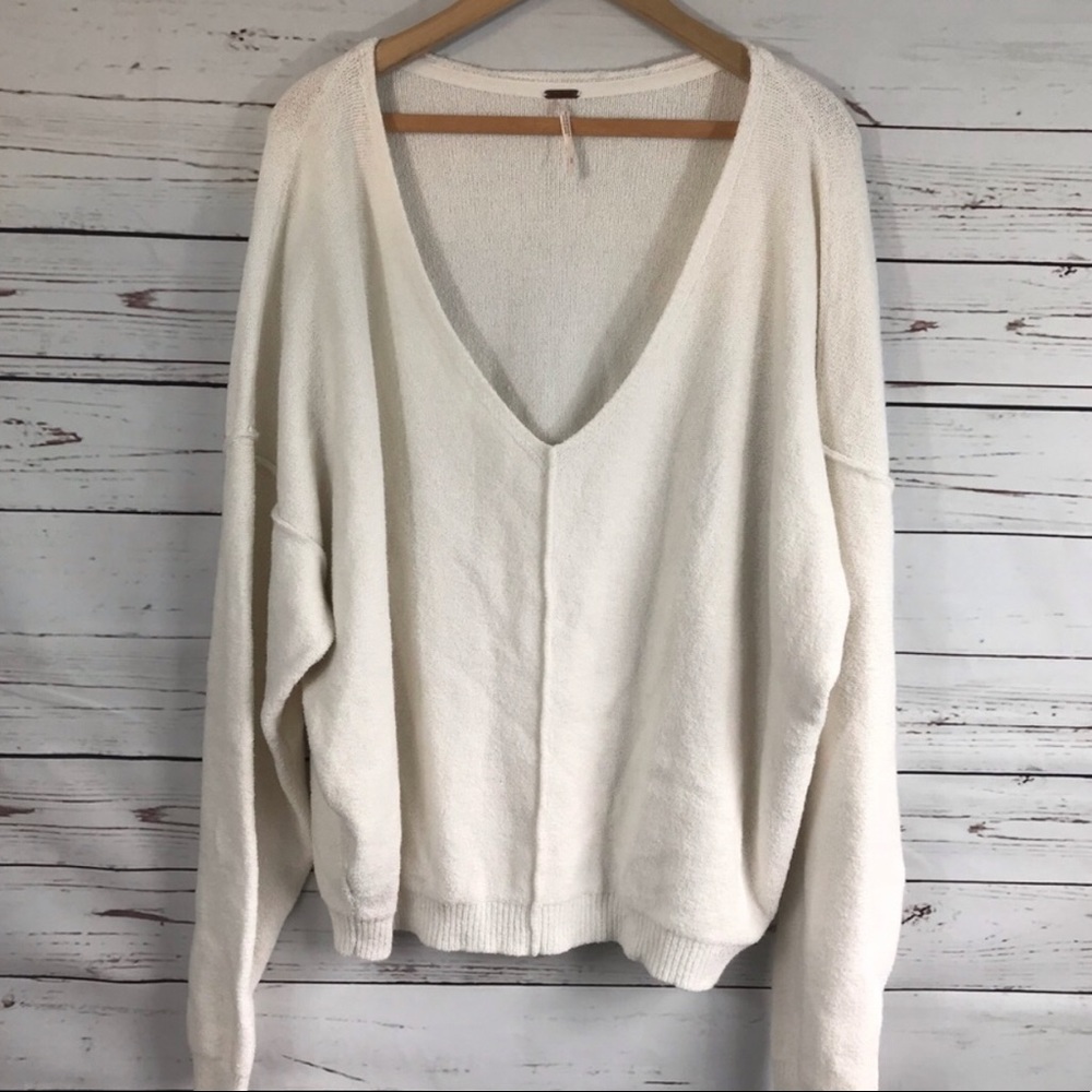 Free People White Oversized V Neck Sweater